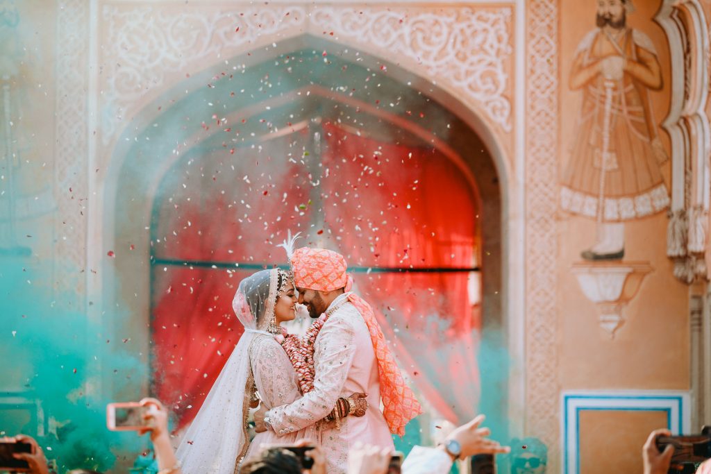 blue smoke bomb wedding jaimala theme