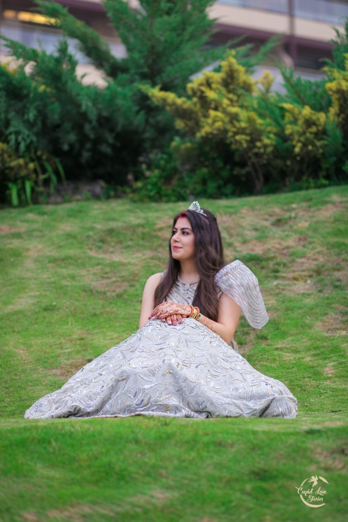 Aparna's Solo Portrait in JW Marriott Mussoorie Lawn in a Silver Indo Western Outfit and a Hair Crown