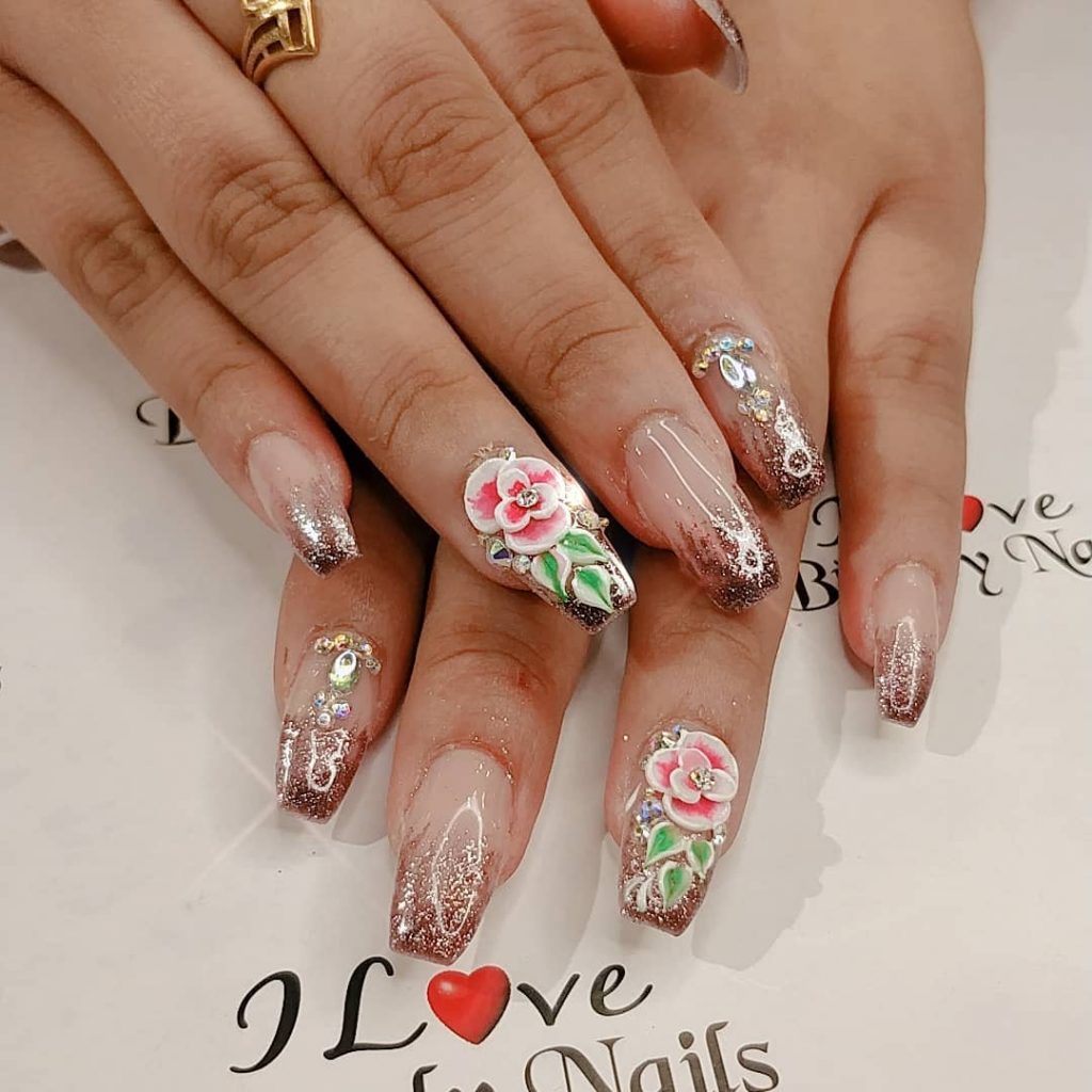stiletto glitter gradient nail art with big 3d flower
