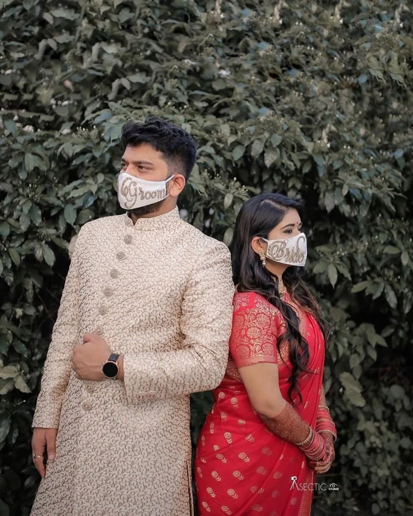bride and groom text print couple mask