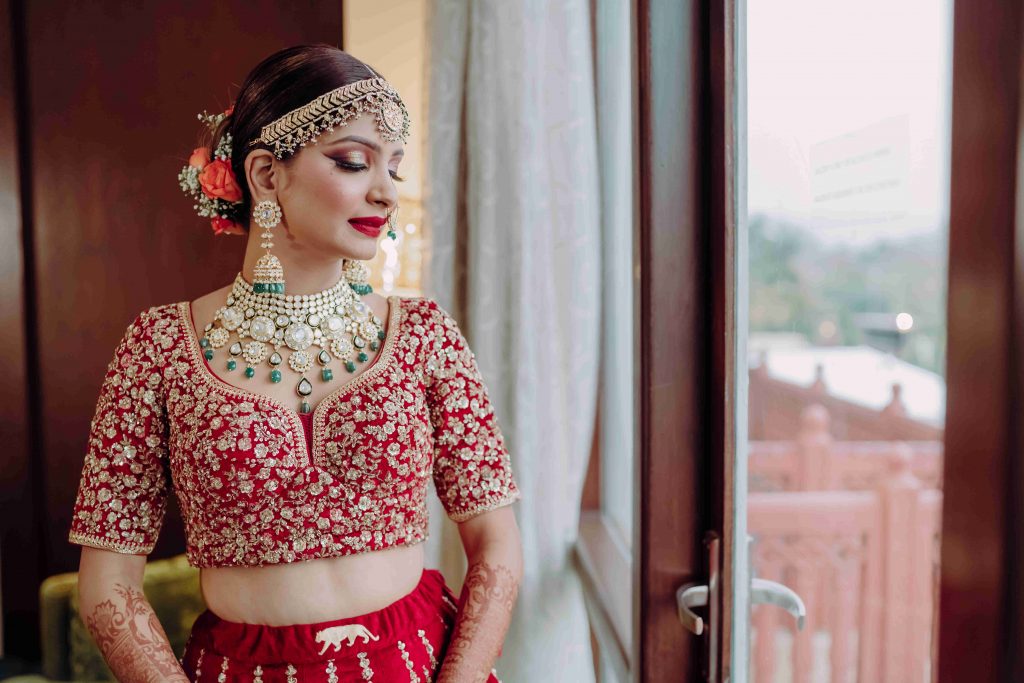 Choli-cut embroidered bridal lehenga design. 