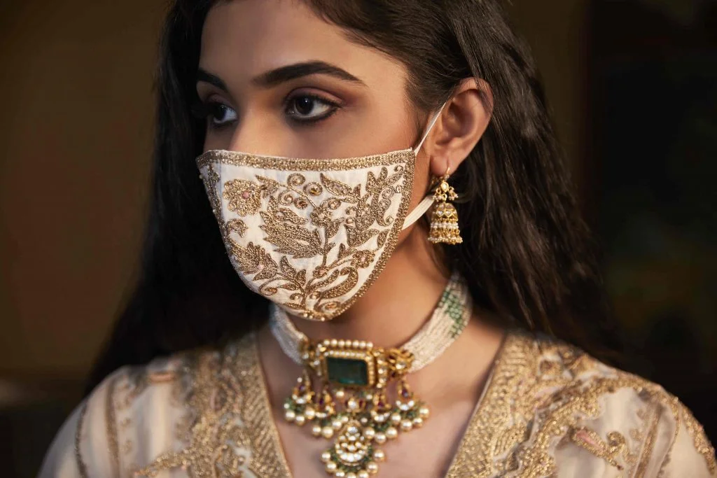 Stunning Mask With Intricate Golden Embroidery For Indian Bride