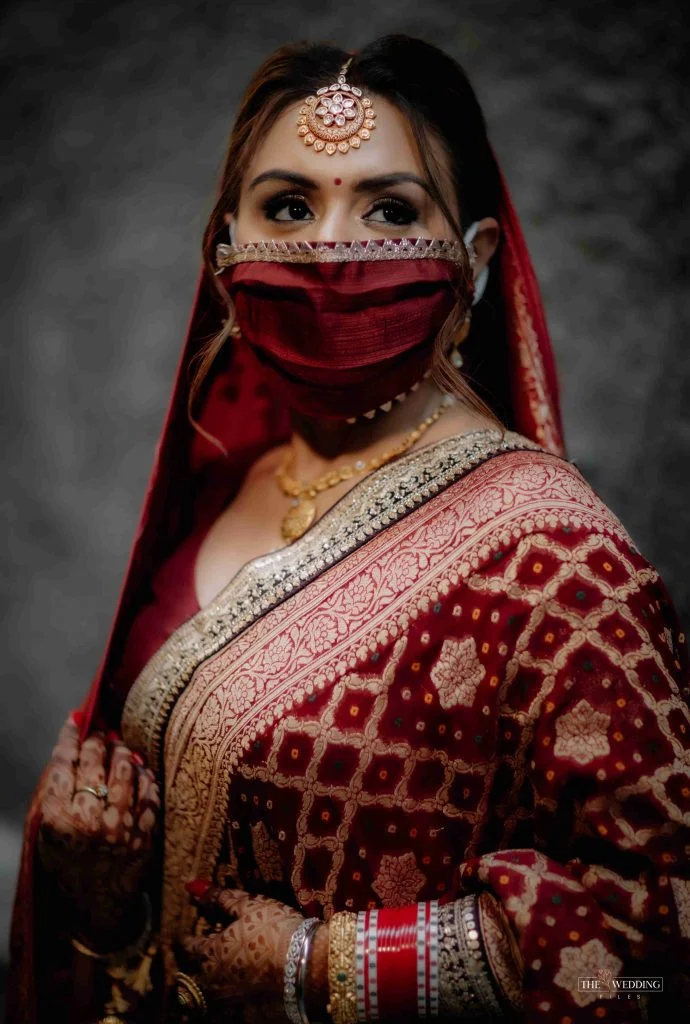 silk red bridal face masks with gota patti border