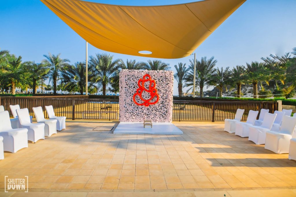 Ganesh floral stage decoration for haldi ceremony of Mrighna & Shallabh's beach wedding in Dubai