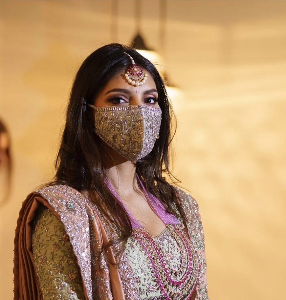 pastel face mask with golden embroidery for 2020 intimate weddings 