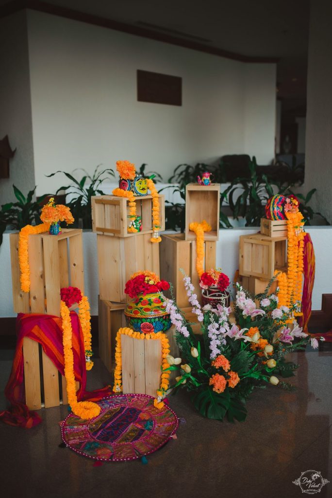 Simple Marigold Floral Entrance Decor at Nikita & Puneet's Haldi Ceremony