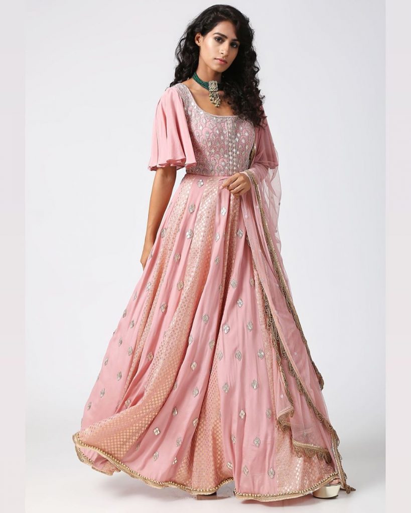 Pastel pink lehenga blouse with flared sleeves 