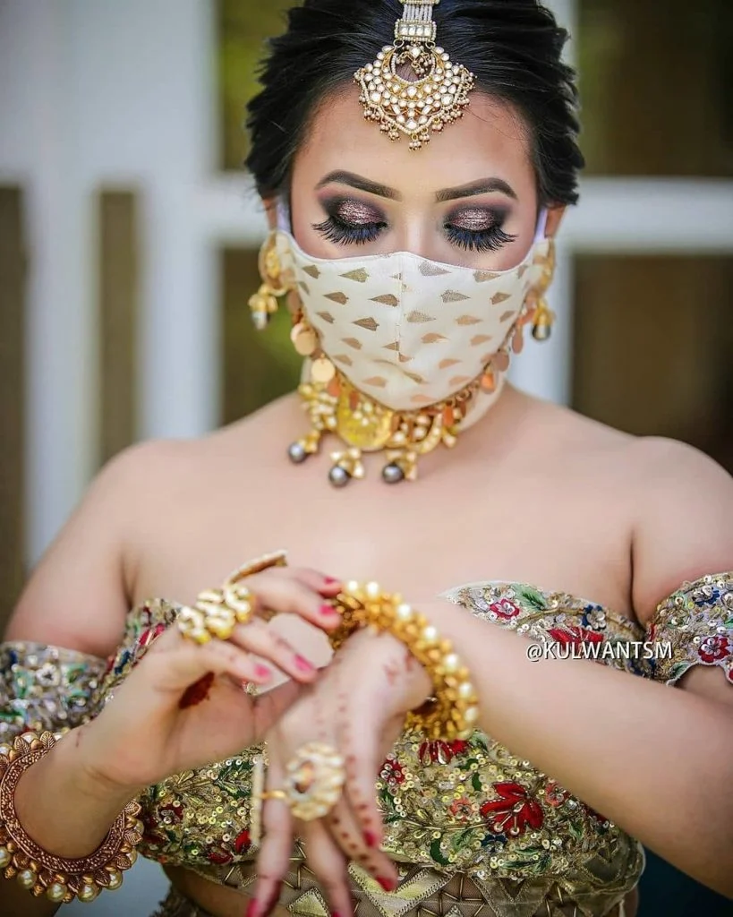 White zardozi geometric print simple face mask for bride