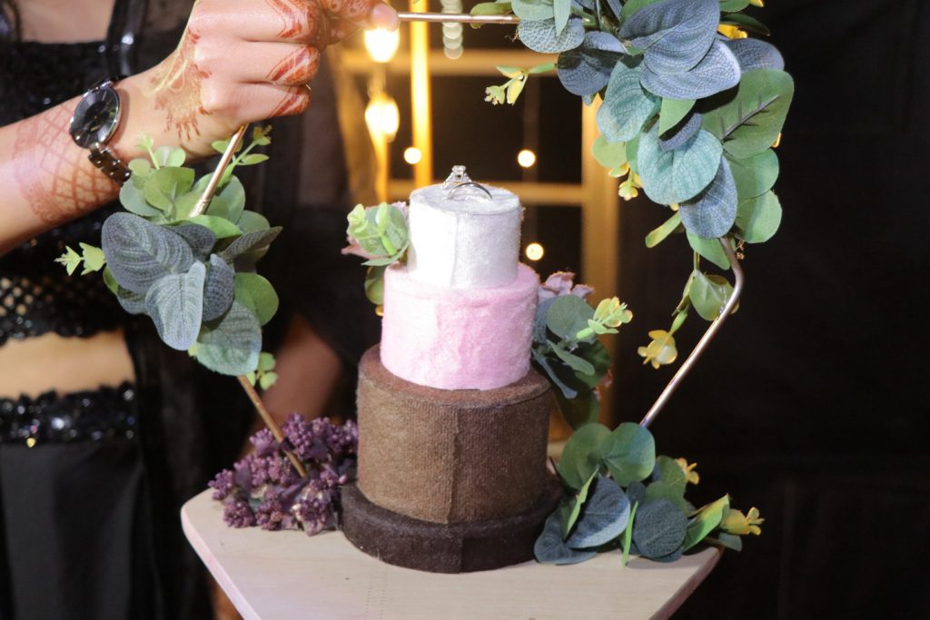 tricoloured white pink and brown engagement cake ring box