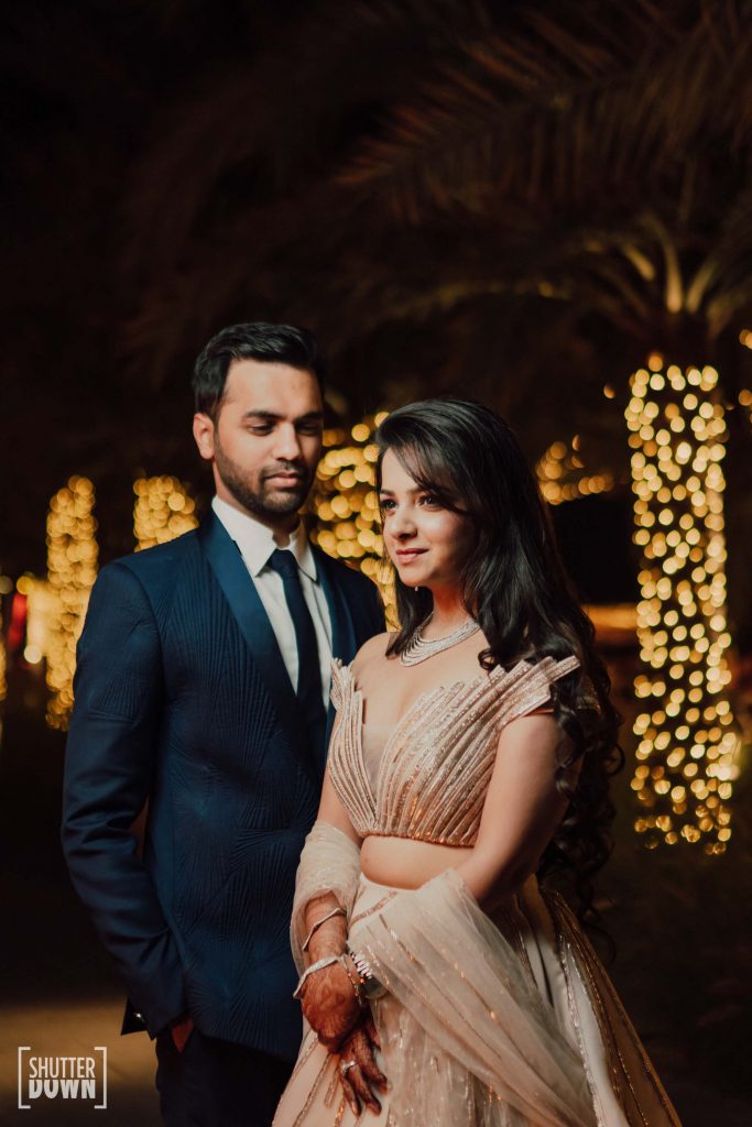 Mrighna Shallaabh engagement photos in outfits by Gaurav Gupta for beach wedding