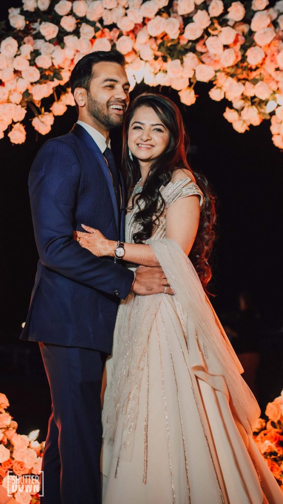 Mrighna & Shallaabh in engagement ceremony couple outfits by Gaurav Gupta in Intercontinental Fujairah Resort for their beach wedding in Dubai