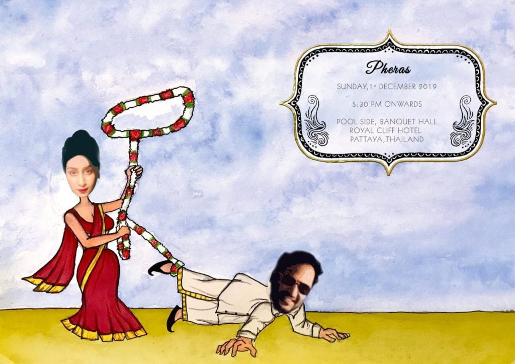 Nikita Puneet's funny caricature beach wedding invite