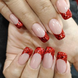 simple blood red glitter french manicure nails