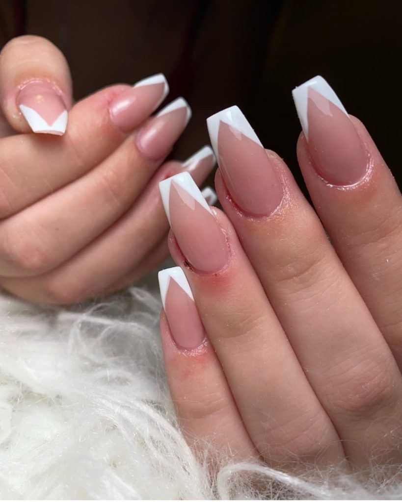 nude pink coffin nails with modern french manicure