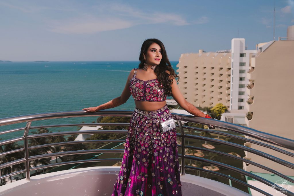 beach wedding purple embellished mehendi lehenga with silver waist pouch 