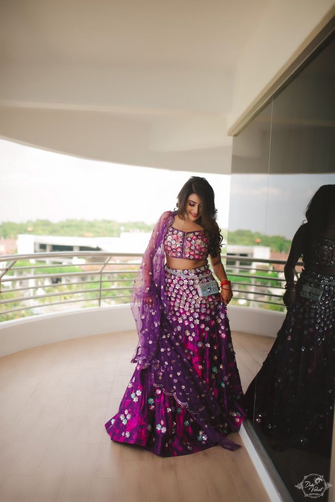 purple designer lehenga with silver flower and sheer dupatta in pattaya