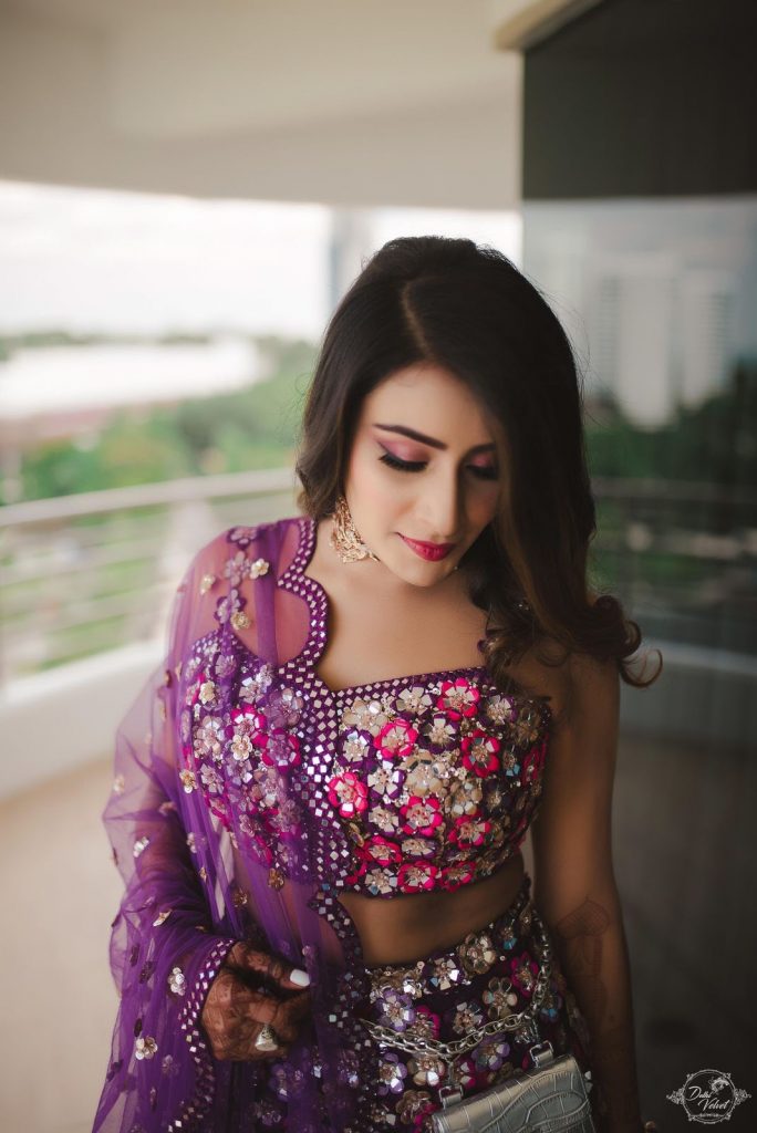 floral purple embellished blouse and lehenga for beach wedding in pattaya