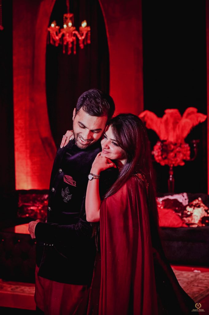 Mrighna Shallaabh red themed pre wedding reception photoshoot