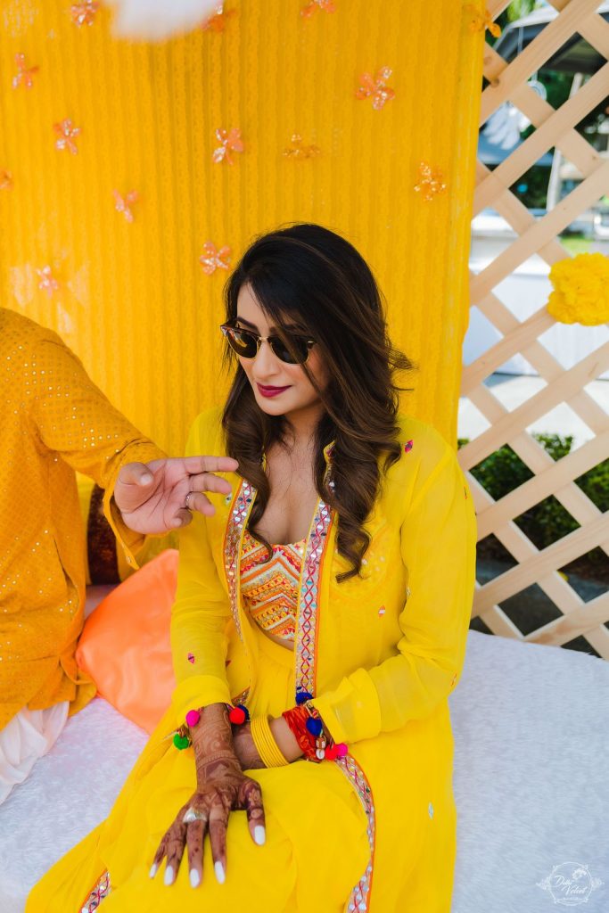 beach wedding simple yellow haldi lehenga and blouse for bride 