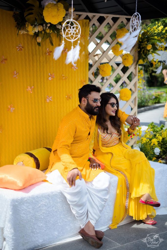 yellow themed haldi ceremony couple outfits for beach wedding in pattaya