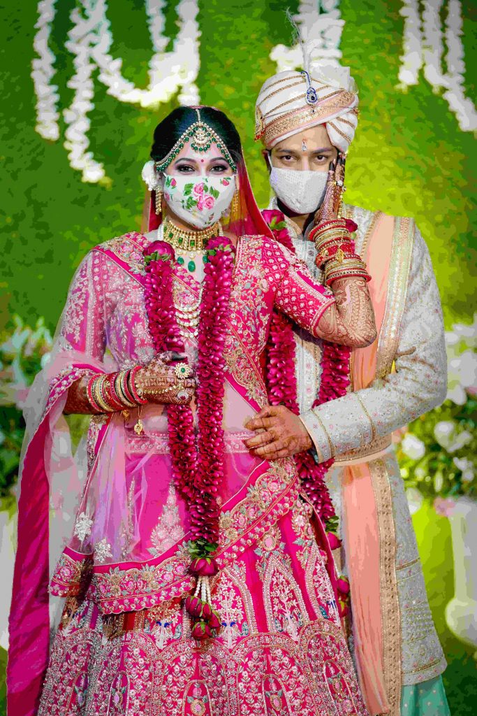 digital floral print bridal face mask with groom