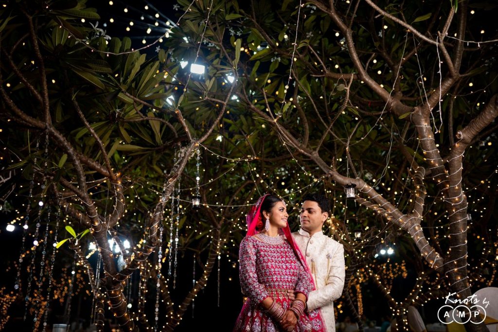 bistro fairy lights on trees for outdoor wedding decor