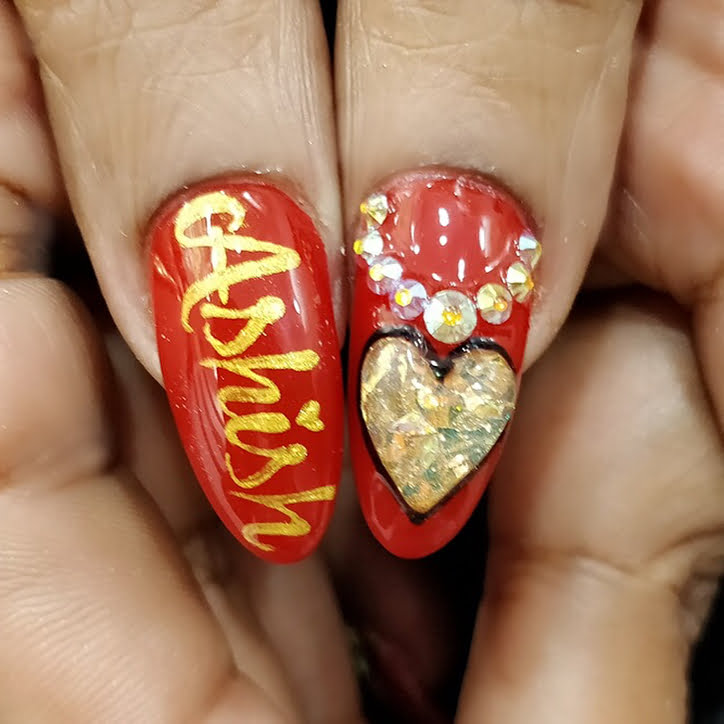 red golden bridal name print nail art