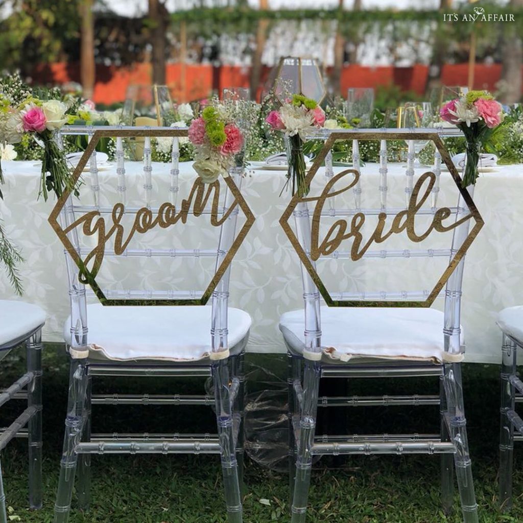 groom bride metal name tag white wedding chairs