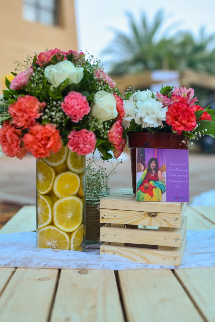 lemon print glass jar with flower bouquet