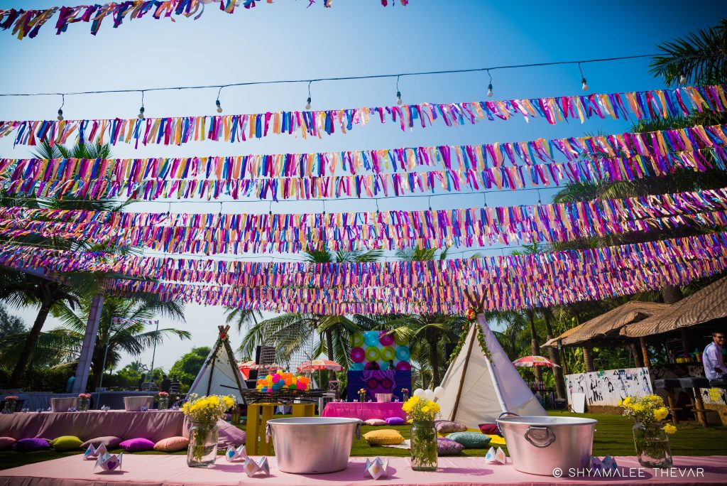 colorful paper outdoor wedding streamer decor