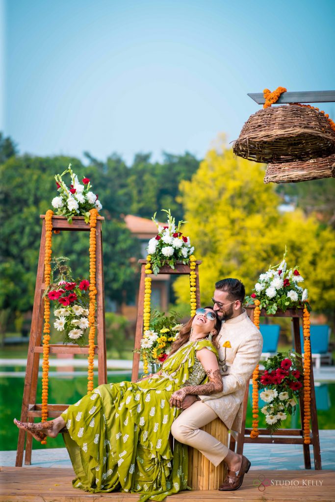 wooden vintage ladder with flower bouquets