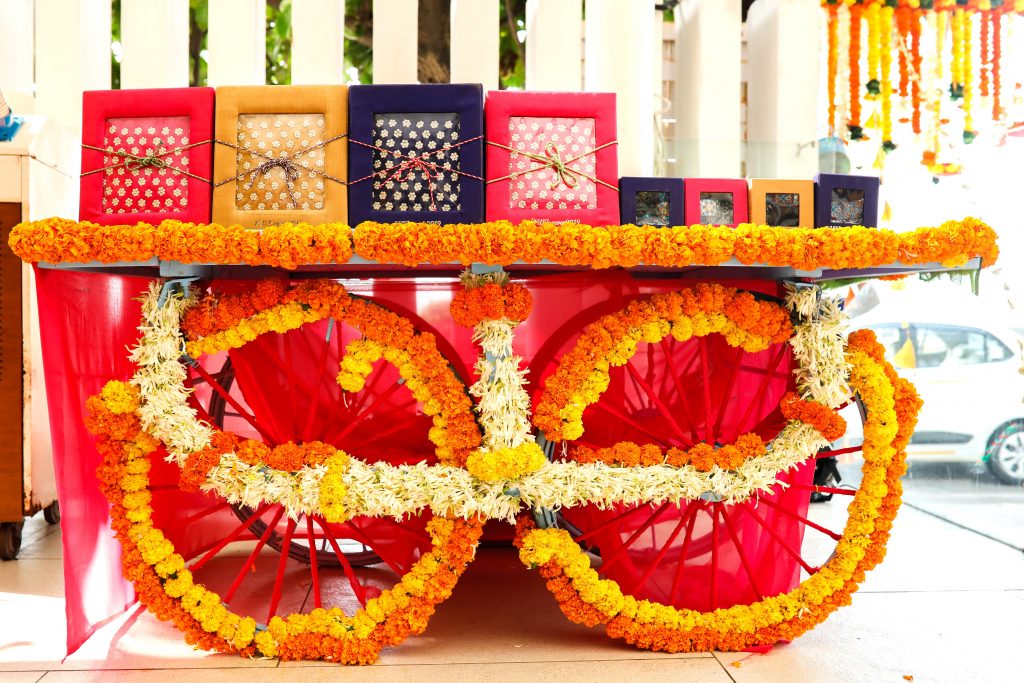 marigold laden gift & wedding favour storage trolley