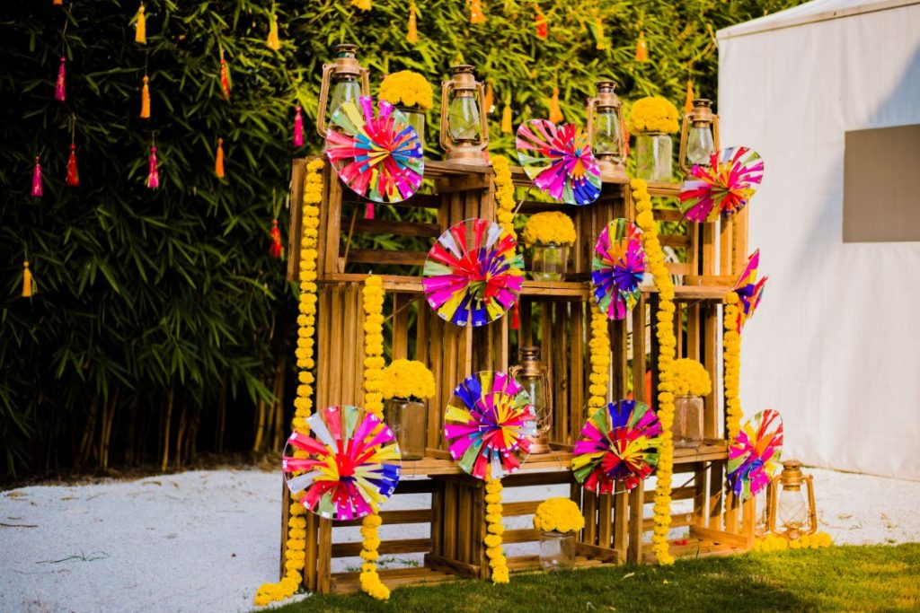 wooden cane basket decor with paper pinwheels