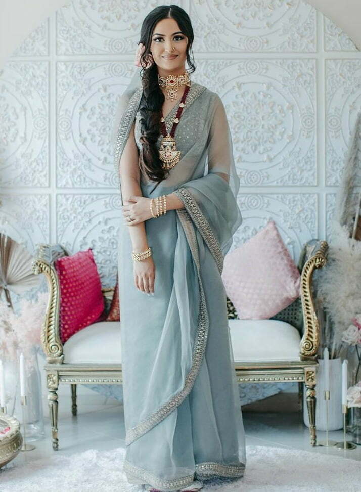 sheer grey georgette sabyasachi plain saree for bride mehndi outfits 2020 