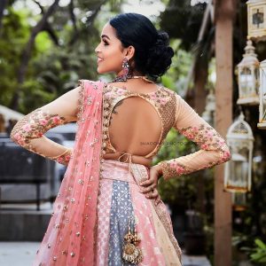 Golden and Pink Designer Fish-Cut Jacket Lehanga with Crochet-work and  Crystals | Exotic India Art