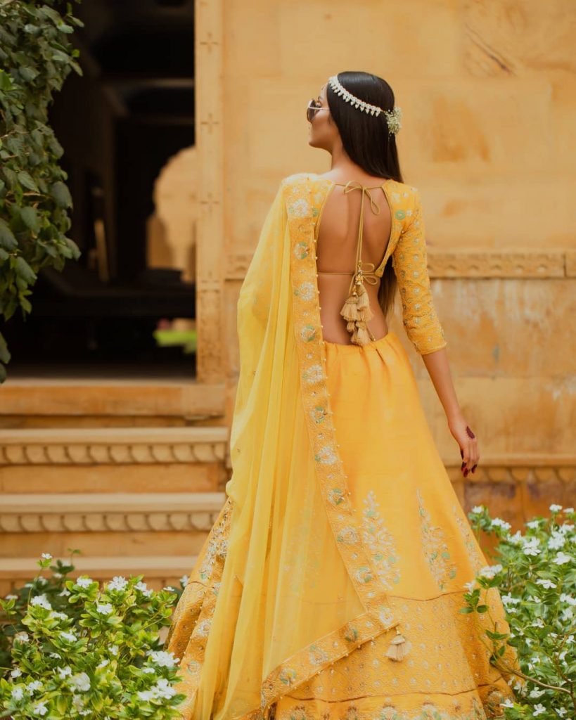 Sunny Yellow Modern Lehenga Blouse Back Design For Haldi & Mehendi Ceremony