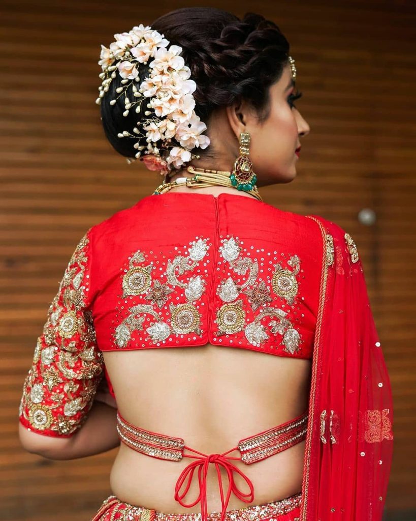 Modern Backless blouse with dori tie up for Red Bridal Lehenga