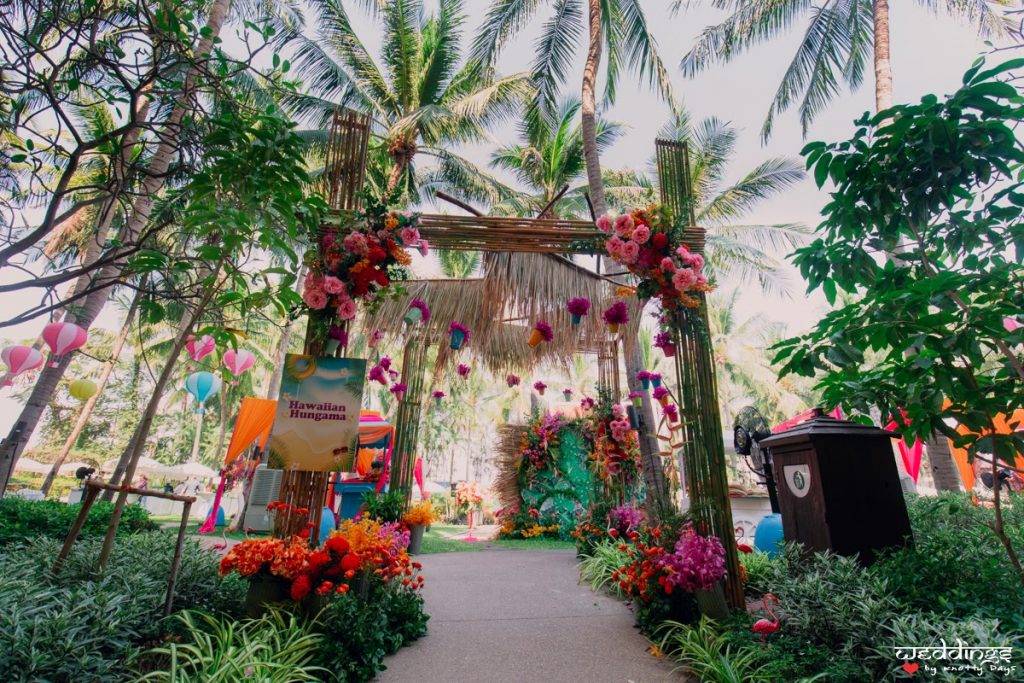 Exotic Hawaiian Hungama themed decor with quirky and colourful props for this Dusit Thani Hua Hin Wedding's Pool Party