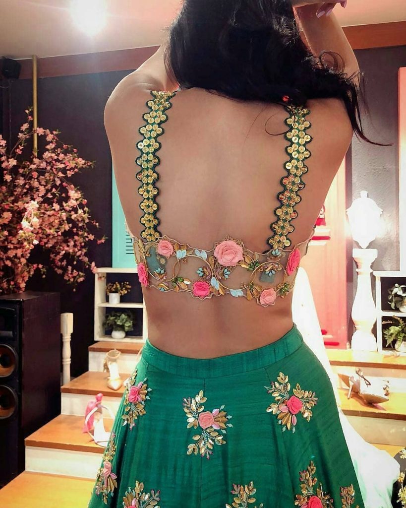 Floral OTT blouse back design for haldi ceremony