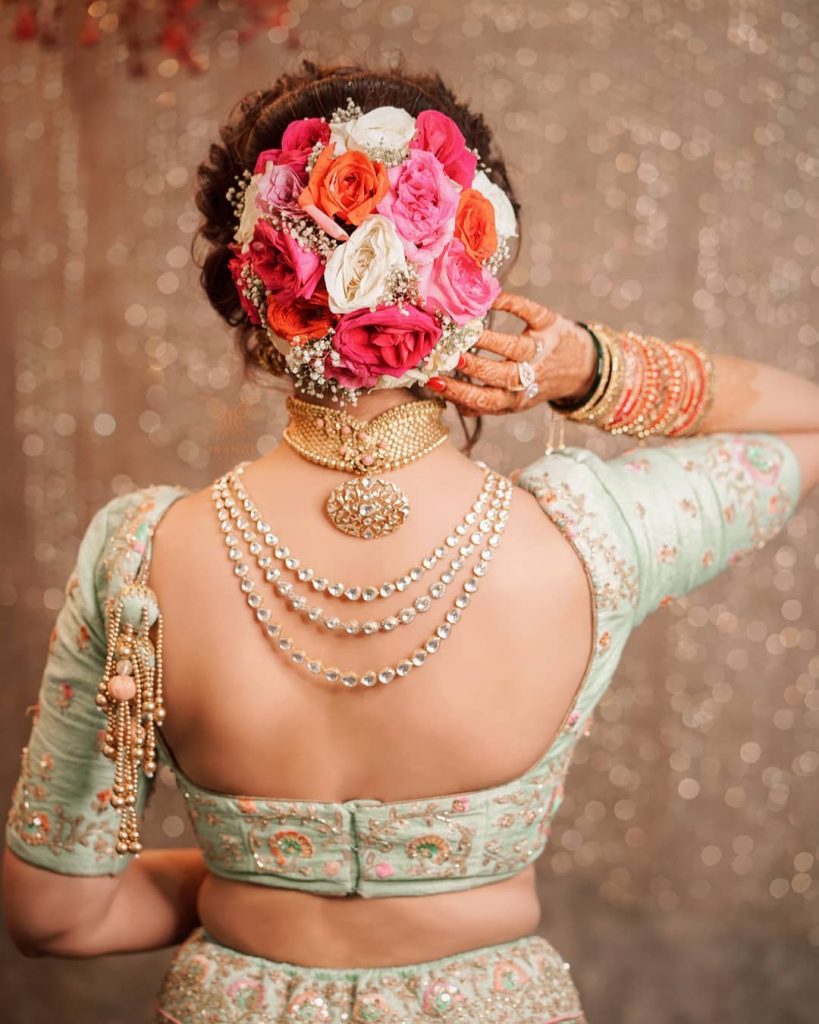 Traditional Pista Backless Bridal Blouse Design For Embroidered Lehenga