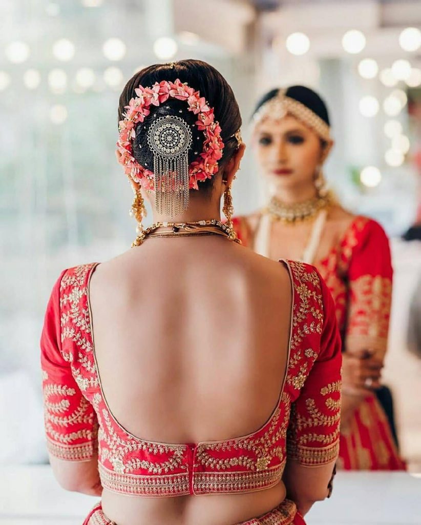 Traditional Backless Blouse Design With Heavy Embroidery For Bridal Ceremony