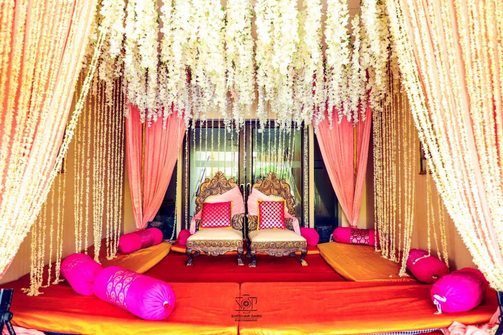 mandap decoration idea at home with bright colours