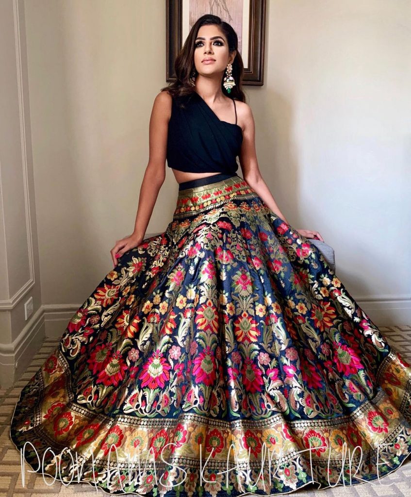 black one die croptop with slik brocade printed mehendi skirt