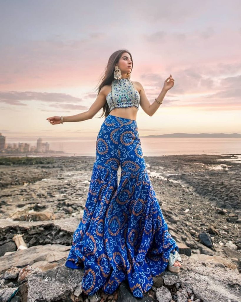 Sleeveless Silver Brocade Crop Top And Printed Cobalt Blue Sharara For Modern Mehndi Outfits