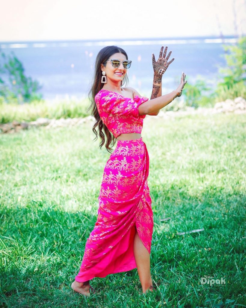 pink printeed dhoti skirt modern mehendi outfits for bride co-ord set