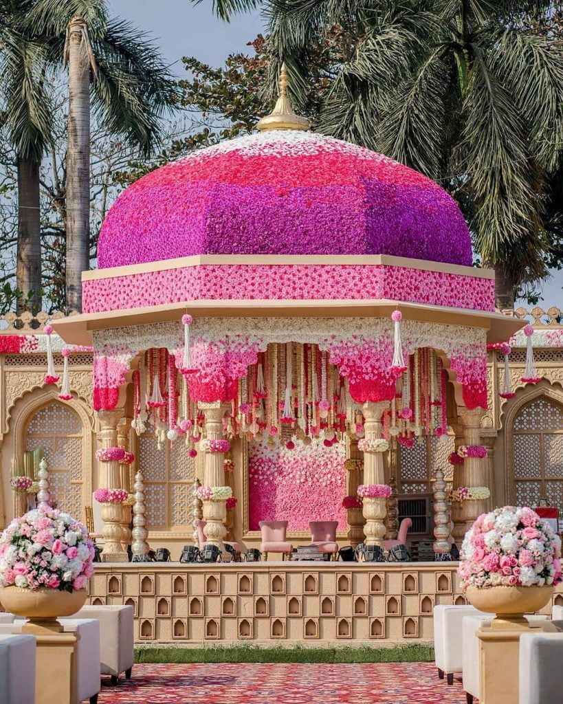 pink dome ceiling grand mandap decor