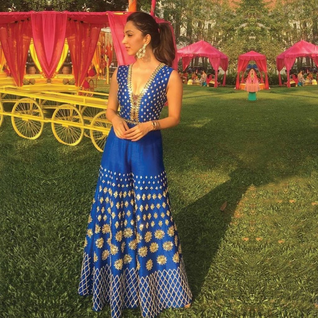 blue ethnic mehendi jumpsuit for bride