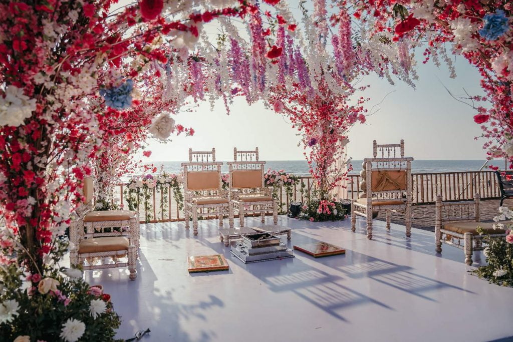 seaside marriage mandap style decked with flowers