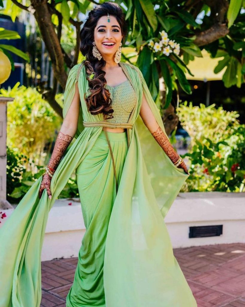 green dhoti pants caped blouse offbeat mehendi outfit 