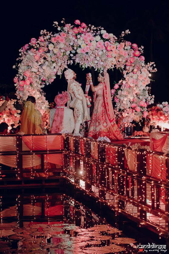 Beautiful Lakeside Indian Pheras with Floral Archway backdrop for Shalini and Akhil's destination wedding in Thailand